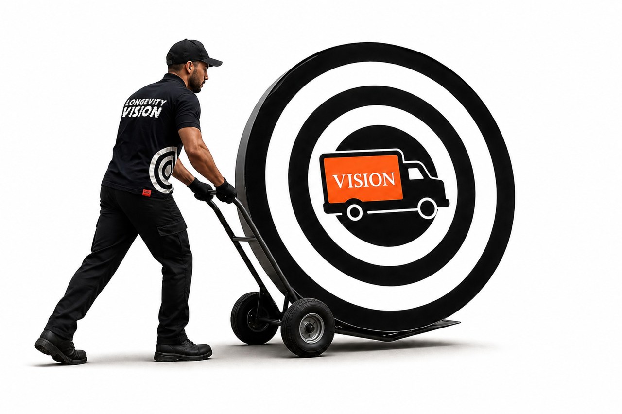 Original Longevity Vision artwork: a mover wheeling a target with the orange Vision moving-truck logo